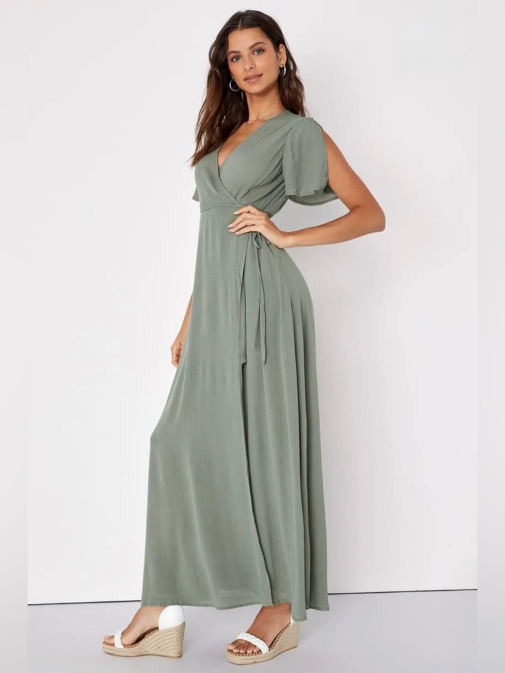 Lulu’s Much Obliged Washed Olive Green Wrap Maxi Dress Small